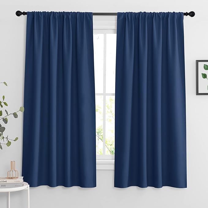 RYB HOME Extra Wide Blackout Curtains for Bedroom Living Room 63 inches Long, Thermal Insulated Privacy Drapes for Nursery Home Theater Dining Room, Width 62 by Length 63, Navy Blue, 2 Panels