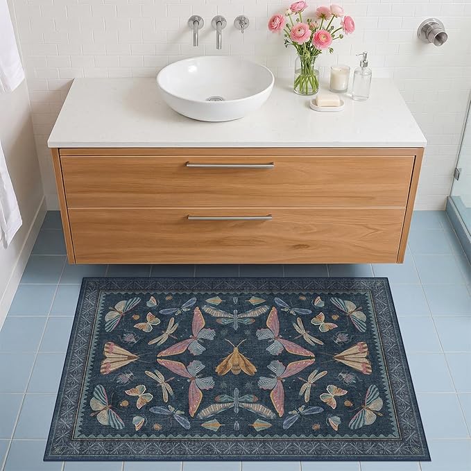 Dark Blue 2x3 Small Rugs for Bathroom Non Slip, Washable Vintage Boho Insect Rug for Kitchen Floor, Entryway Indoor, Powder Room, House Decor Aesthetic, Low Pile Non Slip Carpet