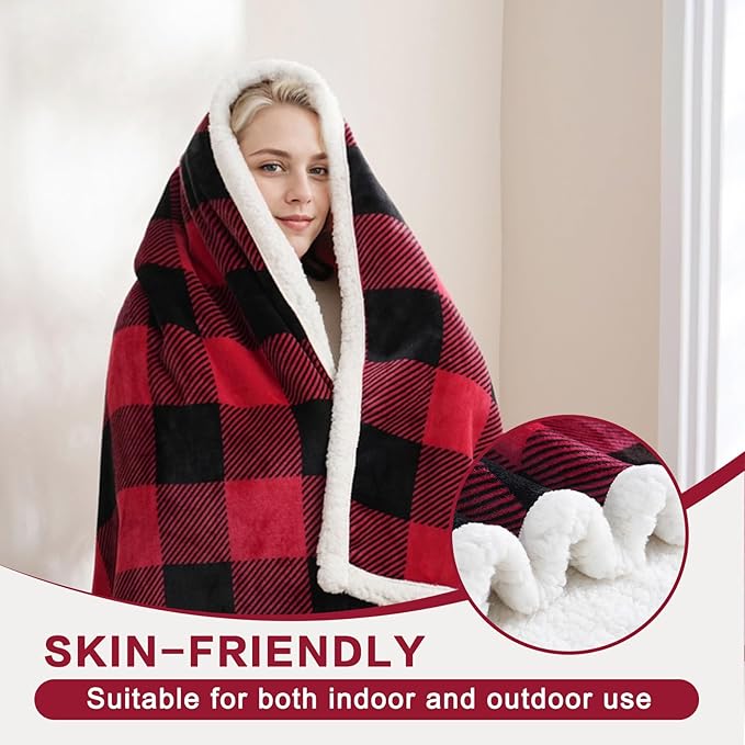 PU MEI Sherpa Fleece Throw Blanket 80" x 90" Reversible Plush Fluffy Large Big Blanket Lattice Flannel Blankets for All Season Use, Red and Black