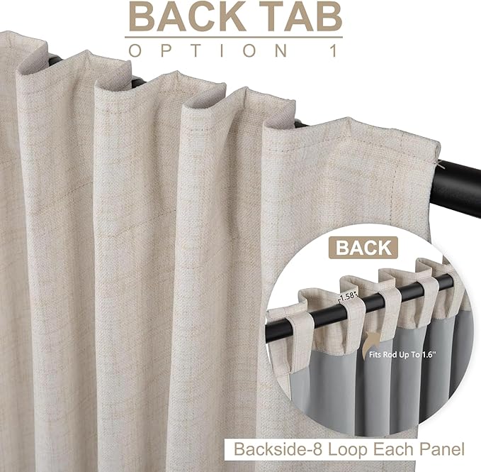 100% Blackout Shield Linen Blackout Curtains for Bedroom 90 Inches Long, Back Tab/Rod Pocket Living Room Drapes, Thermal Insulated Blackout Curtains 1 Panel Set, 100" W x 90" L, Cream