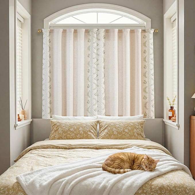 jinchan Belrose Linen Floral Cafe Curtains 45 Inch Length Embroidered Farmhouse Curtains for Kitchen Bedroom Bathroom Small Windows Curtain Set Light Filtering 2 Panels Sage Green