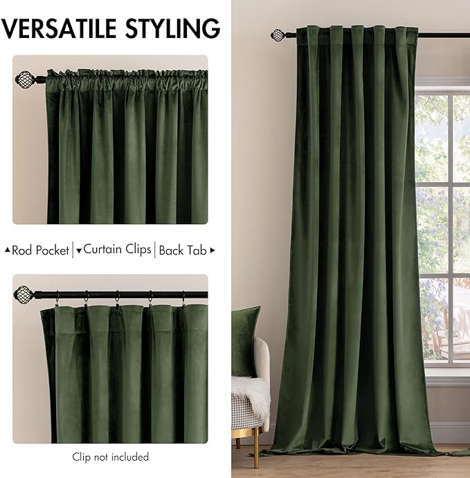 MIULEE Velvet Curtains 94 inches - Luxury Blackout Curtains for Bedroom Living Room Thermal Insulated Super Soft Window Drapes Rod Pocket & Back Tab, Olive Green, W52 x L94 inches, 2 Panels