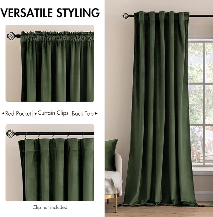 MIULEE Velvet Curtains 96 inches 2 Panels - Luxury Blackout Curtains for Bedroom Living Room Thermal Insulated Super Soft Window Drapes Rod Pocket & Back Tab, Olive Green, W52 x L96 inches