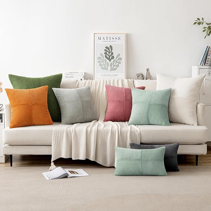 MIULEE Greyish Green Decorative Throw Pillow Covers 18x18 Inch for Couch Bed Sofa Spring Decor Pack of 2 Boho Farmhouse Throw Pillows Soft Cross Corduroy Patchwork Textured Cushion Cases