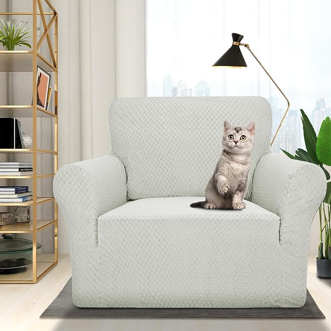 ZNSAYOTX 1 Piece Jacquard Chair Slipcovers for Living Room High Stretch Chair Covers with Arms Anti Slip Pets Friendly Couch Sofa Armchair Cover Furniture Protector (Small, Ivory)