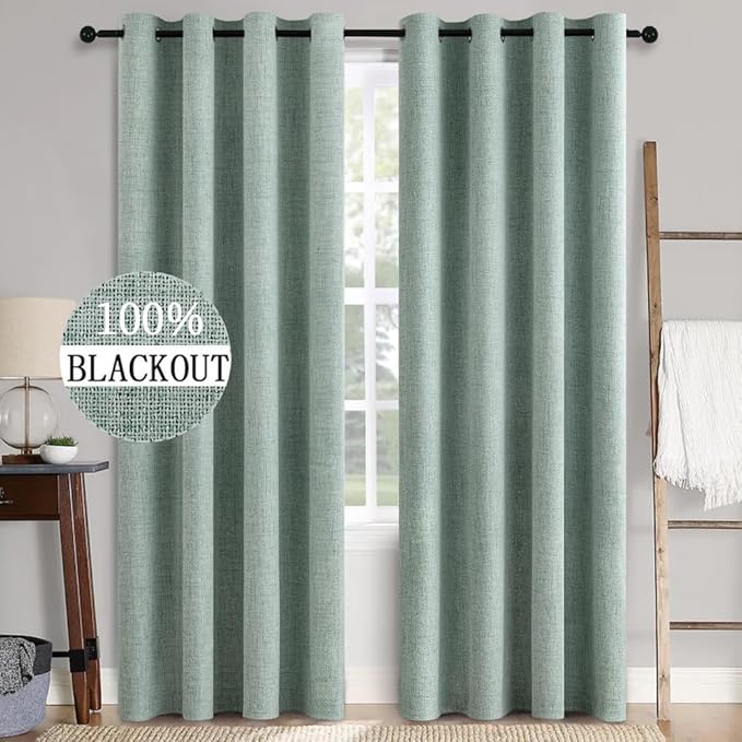MIULEE Linen Texture Curtains for Bedroom Solid 100% Blackout Thermal Insulated Seafoam Green Curtains Grommet Room Darkening Drapes for Living Room Nursery 52x96 Inch (2 Panels)