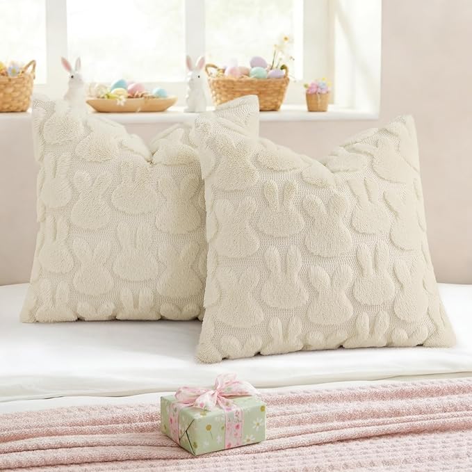 decorUhome Easter Bunny Pillow Covers 18x18 Inch Set of 2, Soft Plush Faux Wool Jacquard Beige Rabbit Cushion Covers, Farmhouse Neutral Spring Easter Holiday Decor for Couch Sofa Bed