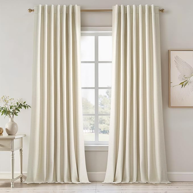 95 Inches Length Cream Colored Custom Blackout Linen Curtains Ivory Cream Pinch Pleated Noise Cancelling Curtains with Pin Hooks for Traverse Burlap Viral Drapes 2 Panels for Living Room Bedroom