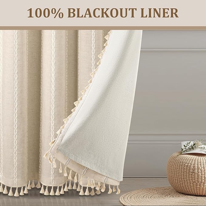 Boho Blackout Curtains 72 Inches Long Beige Linen Blend 2 Panels with Tassels and Cotton Embroidery, Farmhouse Vintage Rustic Rod Pocket Drapes for Living Room or Bedroom