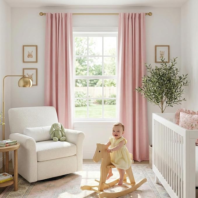 100% Blackout Shield Linen Blackout Curtains for Bedroom 108 Inches Long, Back Tab/Rod Pocket Living Room Drapes, Thermal Insulated Blackout Curtains 2 Panels Set, 50" W x 108" L,Baby Pink