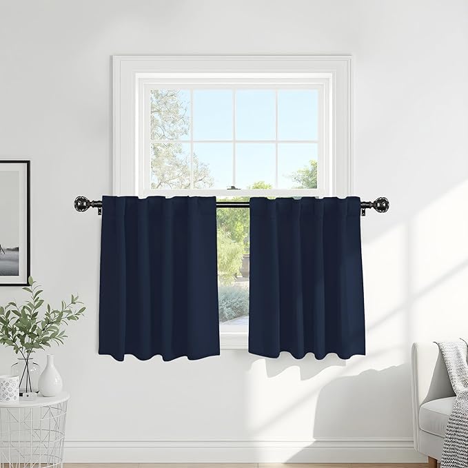 PONY DANCE Half Window Curtains - Room Darkending Privacy Curtains Short Drapes for barhroom Kids Nursery Bedroom, W 29 x L 24 Each, Navy Blue, 2 Panels