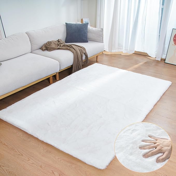 ORINOVA White Faux Rabbit Fluffy Fur Area Rugs for Bedroom Living Room Machine Washable Shag Rug 4x6 Nursery Rug Teen Room Decor