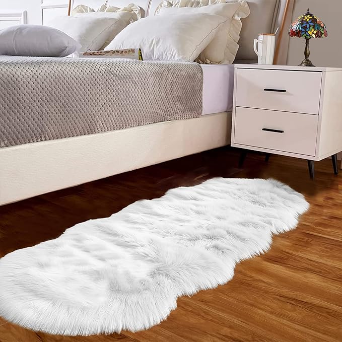 Goolela White Faux Sheepskin Fur Rug 2x6 Fluffy Fuzzy Furry Runner for Bedroom Bedside Shaggy Soft Sheepskin