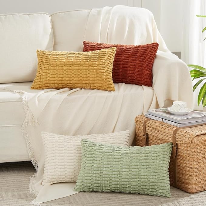 Fancy Homi 4 Packs Fall Boho Long Lumbar Decorative Throw Pillow Covers 14x24 Inch for Couch Bed Sofa, Aesthetic Modern Farmhouse Home Decor, Soft Striped Corduroy Rectangle Cushion Case 35x60 cm