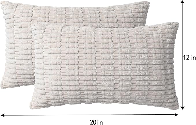 Pack of 2 Corduroy Decorative Throw Pillow Covers 12x20 InchSoft Boho Striped Pillow Covers Modern Farmhouse Home Decor for Sofa Living Room Couch Bed（Cream White）