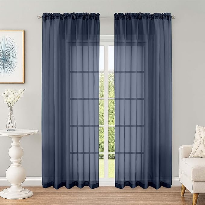 OWENIE Sheer Curtains 84 Inches Long 2 Panels Set, Sheer Navy Blue Curtains for Living Room Bedroom 59 Inch Extra Wide, Modern Voile Filmy Rod Pocket Drapes, 2 Pcs, Each 59 W x 84L, Navy Blue