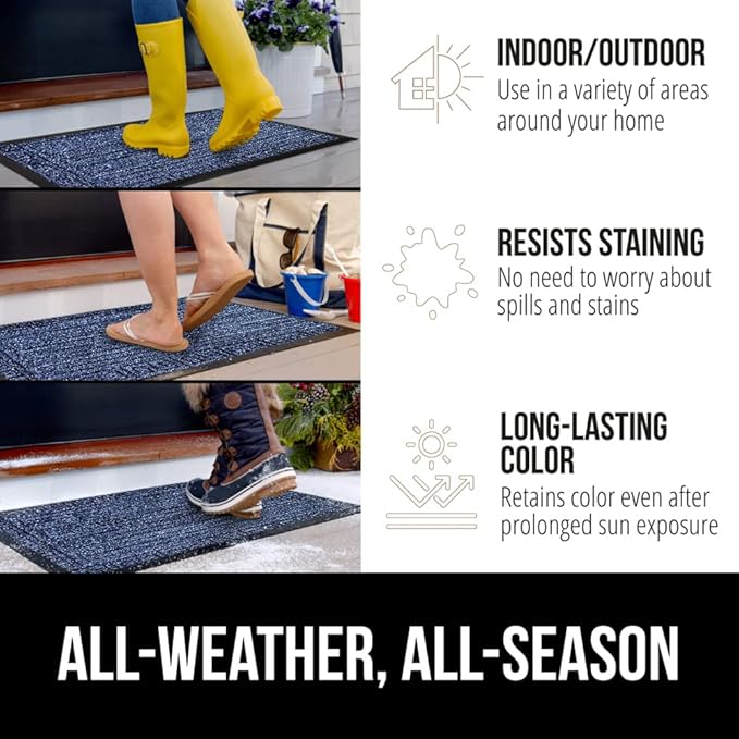 GORILLA GRIP 100% Waterproof All-Season WeatherMAX Doormat, US Designed Natural Rubber, Stain and Fade Resistant, Low Profile Indoor Outdoor Door Mats, Easy Clean Patio Mat, 29x17, Navy Greek Keys