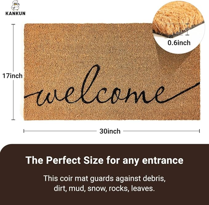 KANKUN Coco Coir Door Mat with Heavy Duty Backing, Welcome Doormat (17" x 30"), Doormat Entrance (Welcome1-1Pack)