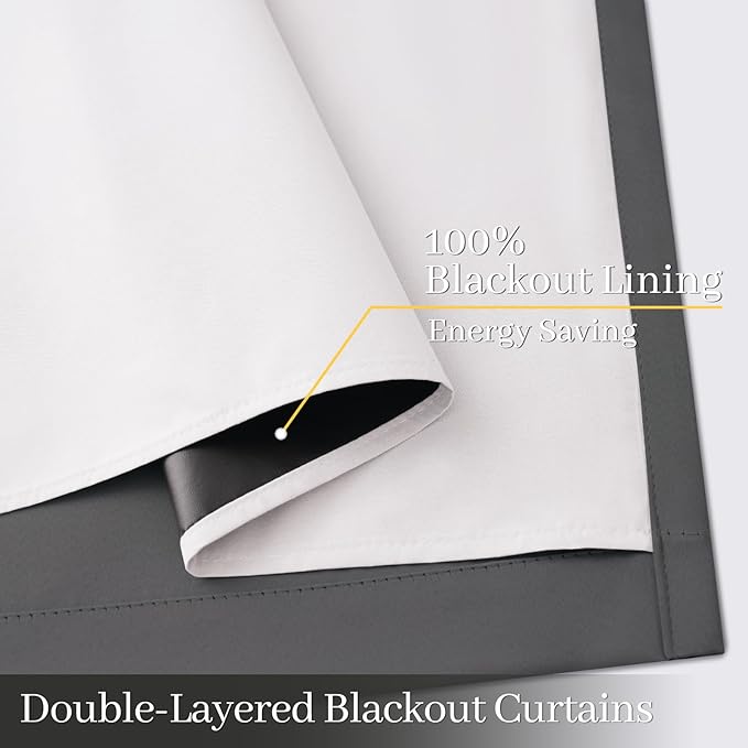 Yakamok 100% Blackout Curtain Panels 84 inches Cold and Light Blocking Drapes for Nursery, 2 Thick Layers Thermal Insulated Draperies (2 Pieces, 50 Wide Each Panel, Charcoal Grey/White Backing)