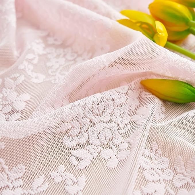 YJ YANJUN Vintage Lace Curtains Cute Pink Floral Cafe Curtains 45 inch Length 2 Panels Short Sheer Drapes for Kitchen Bathroom Laundry Room Girl Nursery Room Décor Rod Pocket 52" W x 45" L Baby Pink