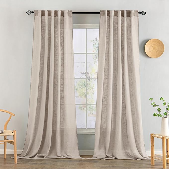MIULEE Natural Linen Curtains 108 Inches Long 2 Panels for Bedroom Living Room, Soft Linen Textured Window Drapes Semi Sheer Light Filtering Back Tab Rod Pocket Farmhouse Modern Burlap Look Decor