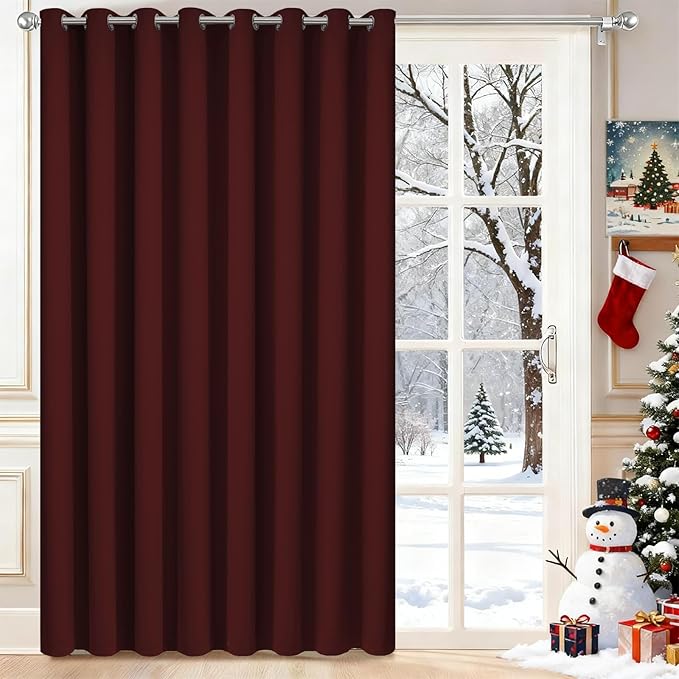 Yakamok Extra Wide Blackout Curtain for Sliding Glass Door, Grommet Thermal Insulated Room Divider Curtain 100W x 84L inch, Room Darkening Patio Curtain,8.3ft Wide x 7ft Tall, 1 Panel,Burgundy Red