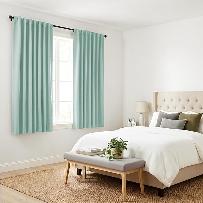 PONY DANCE Blackout Curtains Short - Bedroom Window Draperies Energy Efficient Thermal Insulated Back Tab/Rod Pocket Curtain Panels/Window Treatments for Kitchen, 42 W x 36 L, Mint Green, 2 Pieces