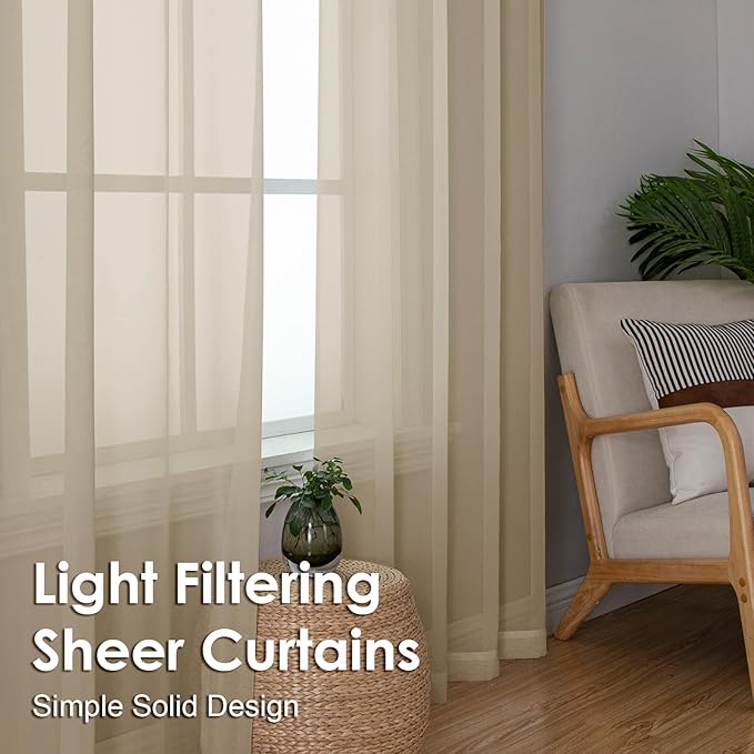 OVZME Taupe Sheer Curtains 90 Inches Long 2 Panels - Soft Light Filtering Window Sheer Panels for Living Room/Bedroom, Top Dual Rod Pocket, 1 Pair, Each 42Wx90L Inches