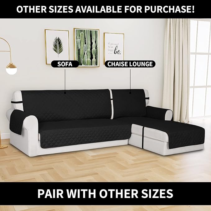 Easy-Going Reversible Chaise Lounge Couch Cover Water Resistant Sofa Cover Sectional L Shaped Sofa Slipcover with Adjustable Straps Furniture Protector for Dogs (115X34 in, Black/Black)