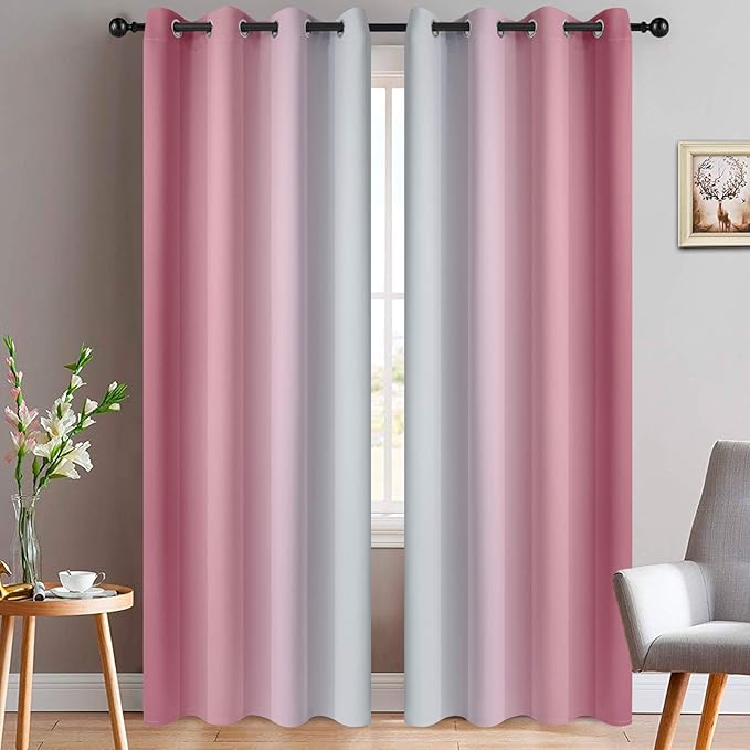 Yakamok Room Darkening Gradient Color Ombre Curtains 84 Inch Length, Thermal Insulated Grommet Window Drapes for Living Room/Bedroom (Pink and Greyish White, 2 Panels, 52x84 Inch)