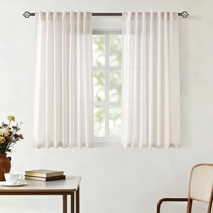 Natural Linen Curtains for Living Room Back Tab Modern Farmhouse Semi Sheer Natural Linen Curtains 45 inches Long 2 Panels Set Muted Neutral Window Curtain for Dining Room Bedroom 52x45