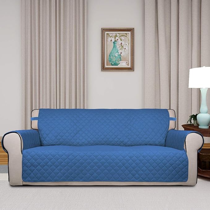 PureFit Reversible Quilted Sofa Cover, Water Resistant Slipcover Furniture Protector, Washable Couch Cover with Non Slip Foam and Elastic Straps for Kids, Dogs, Pets (X Large, Blue/Ivory)