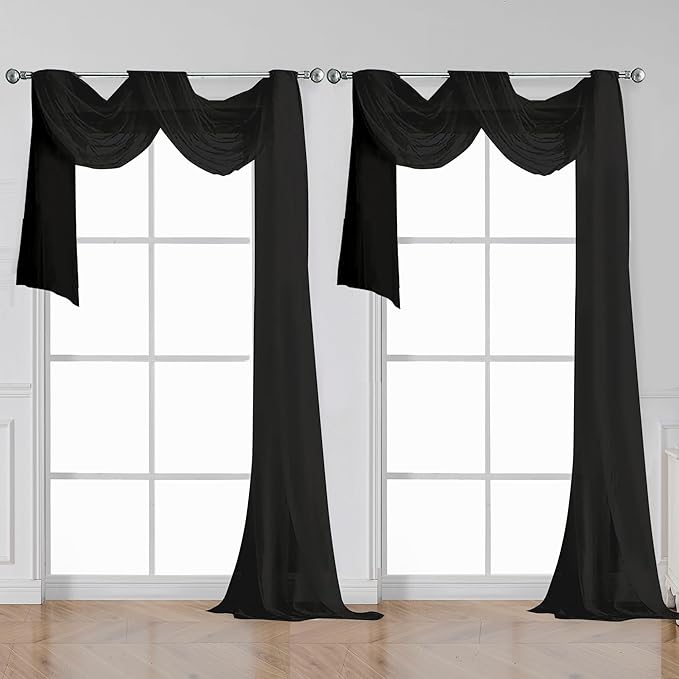 OWENIE Black Sheer Curtains 144 inch Extra Long, Elegant and Airy Drapes Translucent Window Treatments for Living Room/Bedroom, Black, 2 Panels=84" Wide