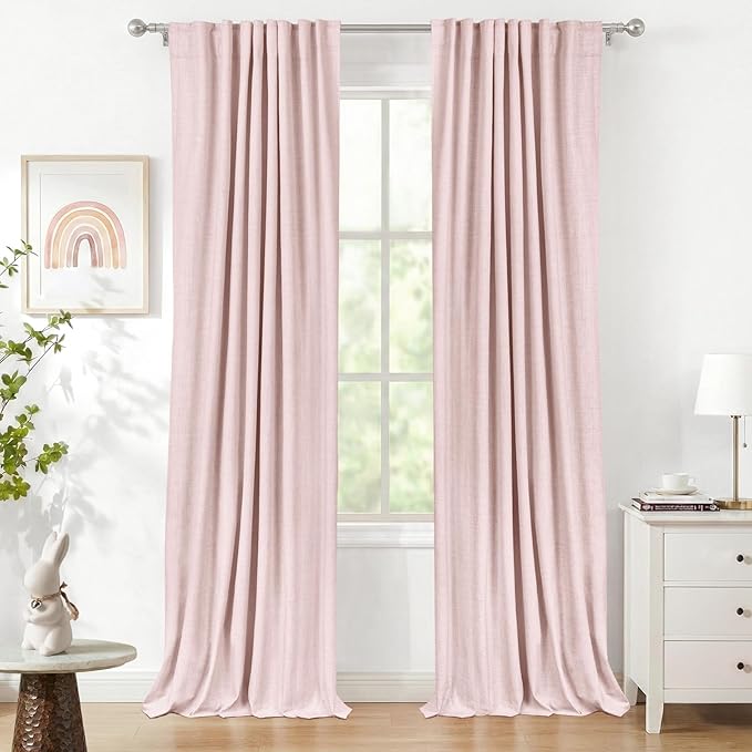 100% Blackout Shield Soft Pink Linen Blackout Curtains for Bedroom 96 Inches Long, Back Tab/Rod Pocket Living Room Drapes, Thermal Insulated Blackout Curtains 2 Panels Set, 50" W x 96" L