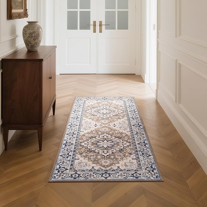 Lofus 2x5 Runner Rug for Hallways, Washable Kitchen Rugs, Non-Slip Rugs for Entryway and Bedroom, Vintage Boho Carpet, Soft Low Pile Long Runner Area Rug, Floral Brown
