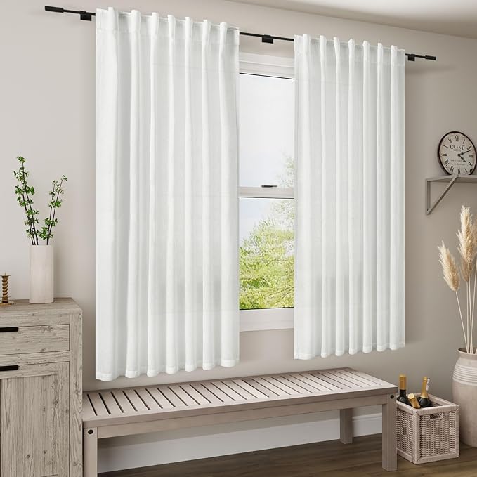 Nanspring White Curtains for Kitchen Linen Semi Sheer Light Filtering Curtains Back Tab and Rod Pocket Farmhouse Decor Curtain for Bathroom Small Window Drapes 34 x 30 Inch,2 Panels