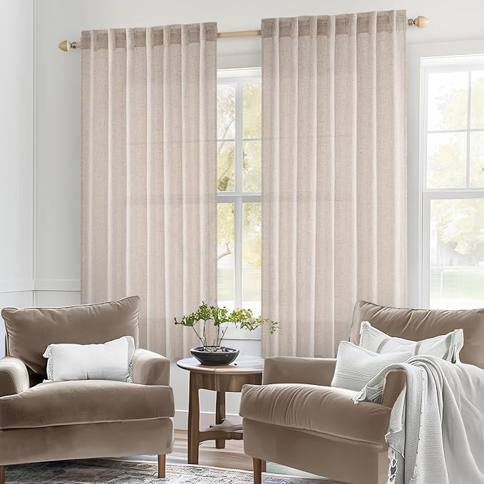 MIULEE Natural White Linen Curtains 63 Inch Length 2 Panels for Bedroom Living Room, Back Tab Soft Thick Linen Textured Window Drapes Semi Sheer Light Filtering Privacy Cream Curtains 42 Inch Wide