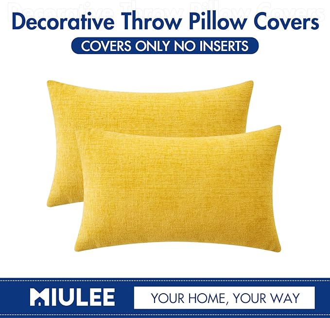 MIULEE Pack of 2 Couch Throw Pillow Covers 12x20 Inch Soft Yellow Chenille Lumbar Pillow Covers for Sofa Living Room Spring Home Decor Couch Solid Dyed Cases