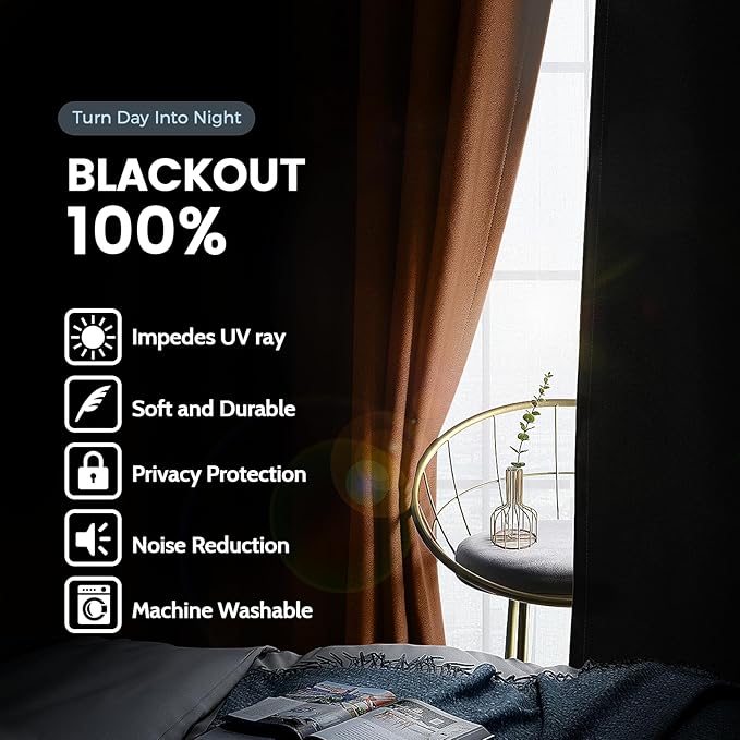 SimpleHome 100% Blackout Curtains for Bedroom,Thermal Insulated Orange Grommet Window Drapes Room Darkening Curtains for Living Room with Black Back,52 x 63 Inch,2 Panels