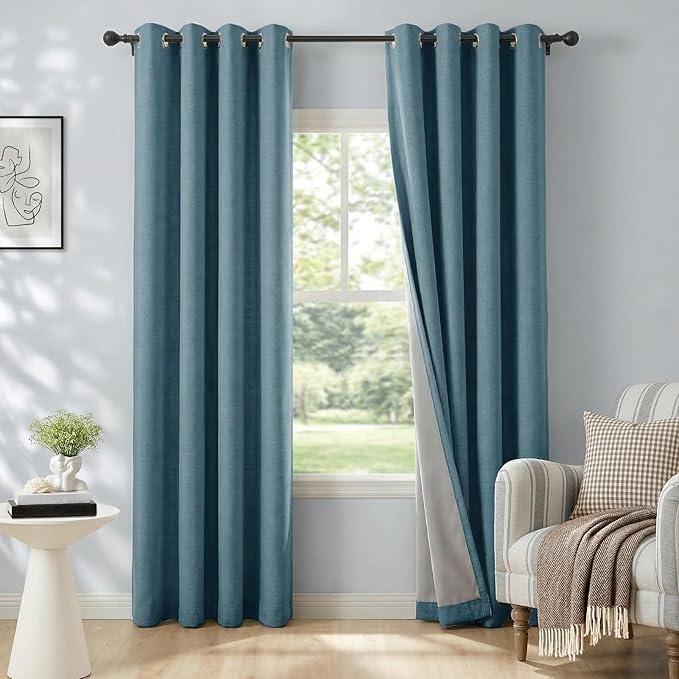 100% Blackout Shield Linen Blackout Curtains for Bedroom, Stone Blue Grommet Curtains for Living Room, Thermal Insulated Room Darkening Drapes for Nursery, Boho Home Decor, 50" W x 84" L, 2 Panels