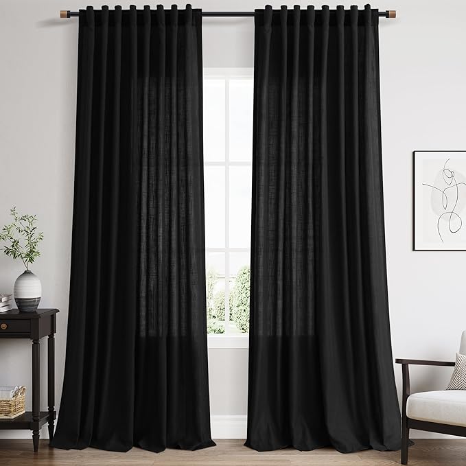 Nanspring 96 Inch Linen Curtains for Living Room Semi Sheer Linen Blended Curtains Back Tab Rod Pocket Light Filtering Simple Modern Black Curtains for Bedroom 60x96,2 Panels