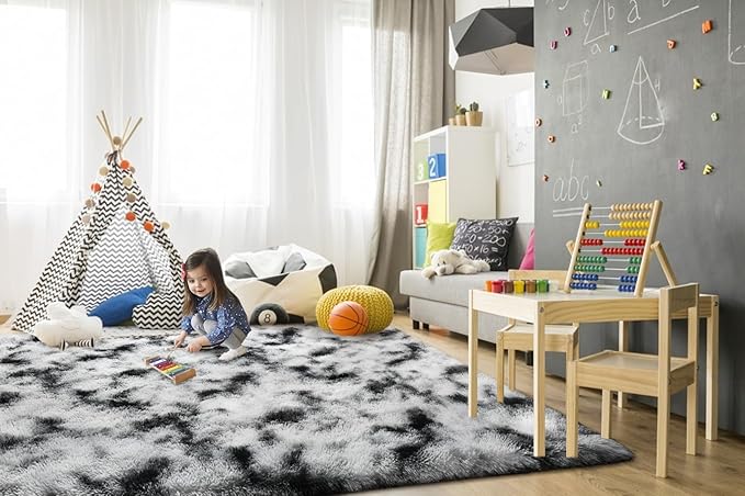 TWINNIS Super Soft Shaggy Rugs Fluffy Carpets, 5x8 Feet, Indoor Modern Plush Area Rugs for Living Room Bedroom Kids Room Nursery Home Decor, Upgrade Anti-Skid Rectangular Fuzzy Rug, Black and White