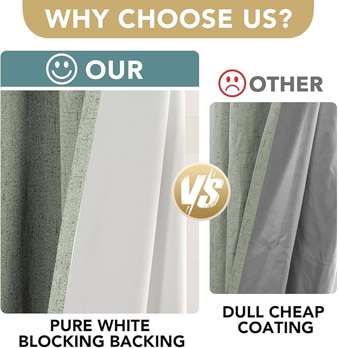 H.VERSAILTEX Bedroom Curtains Blackout, Sage Green Linen Blackout Curtains 84 Inches Long, 100% Blackout Thermal Textured Linen Look Curtain Draperies Grommet with White Liner, 2 Panels