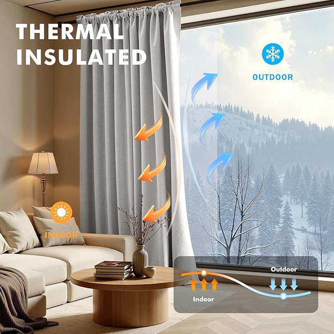 MIULEE 100% Blackout Linen Curtains for Bedroom, Greyish White Solid Luxury Decor Thermal Insulation Room Darkening Drapes for Living Room Nursery Back Tab Rod Pocket 42 x 90 Inches, 2 Panels