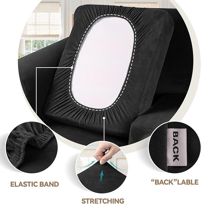 WEERRW Velvet Couch Covers for 2 Cushion Couch Sofa - High Stretch Luxury Velvet Plush 3 Pieces Sofa Slipcovers with Elastic Bottom, Furniture Protector for Pets, Machine Washable, Black, Medium