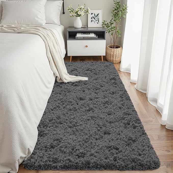 2x6 Bedside Area Rugs for Bedroom: Soft Fluffy Shag Gray Rug for Hallway, Non-Slip Fuzzy Plush Living Room Rug Indoor Floor Carpet for Kids Rooms, Dorm, Nursery, Modern Home Aesthetic Decor