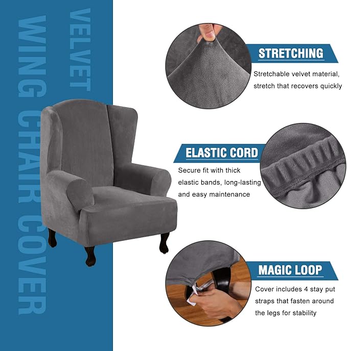 H.VERSAILTEX Wingback Chair Covers Velvet Plush Wing Chair Slipcover 1 Piece High Stretch Wing Back Chair Slipcovers Sofa Cover Furniture Cover with Elastic Bottom, Grey