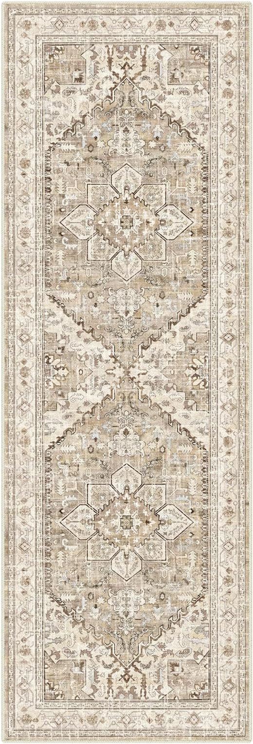 Yamaziot Washable Runner Rug, 2x6 Non-Slip Boho Vintage Hallway Rug Runner with Rubber Backing, Stain Resistant Faux Wool Distressed Carpet Runner for Kitchen, Laundry, Entrance, Beige Brown