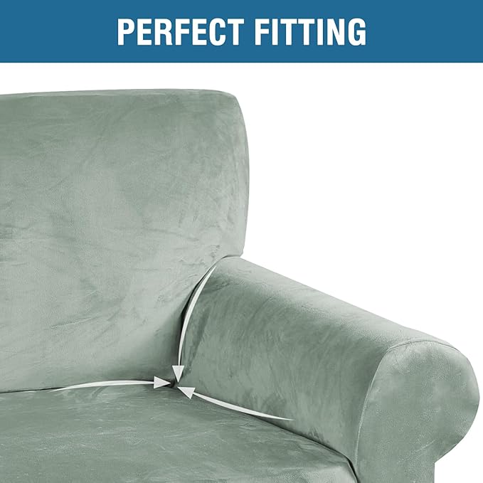 H.VERSAILTEX Stretch Velvet Loveseat Covers for 2 Cushion Couch Covers for Living Room Sofa Covers Slipcovers with Non Slip Straps Bottom, Ultra Thick Comfy Velour (Width 58"-72", Sea Grass)