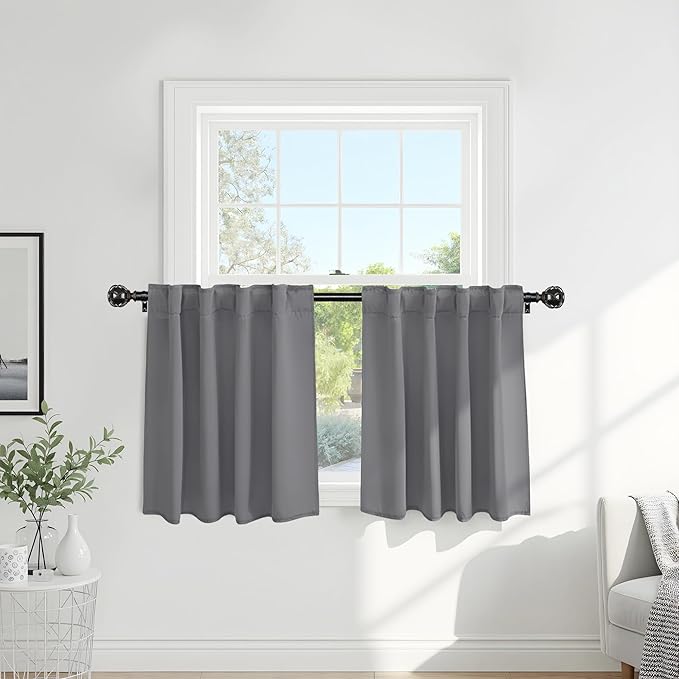PONY DANCE Short Curtains Half Window Curtains for Kitchen,Small Drapes for Bathroom Window, Width 29 x Length 30 inches, Silver Grey, 2 Pieces